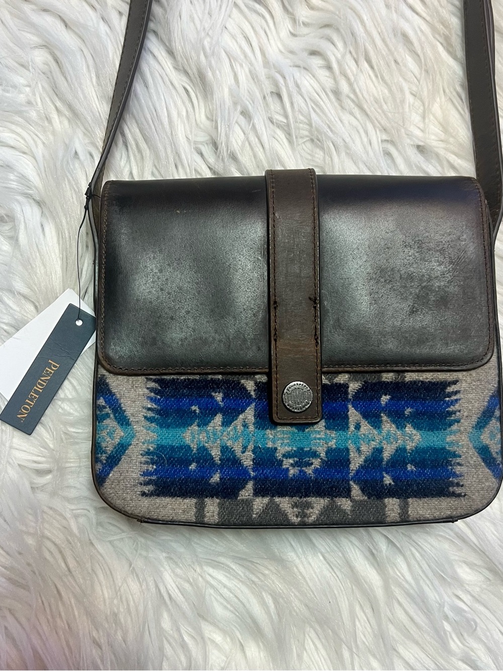 Pendleton Aztec Wool blue / Leather-Trim square Crossbody Bag in Brown and Blue